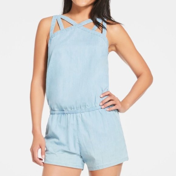 NWOT Fabletics Liza Blue Chambray Mini Romper with Crisscross Back Straps - Picture 1 of 13